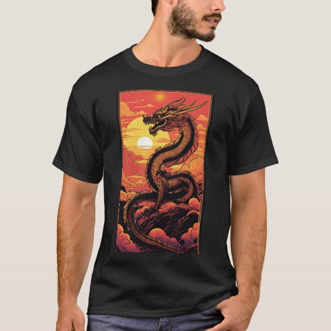 Camiseta "Dragão Ouro no nascer do Sol - Elegância Vaporwav (Frente)