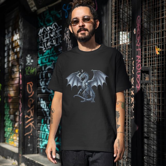 Camiseta Dragão Prateado Real Sobre Preto (Regal Silver Dragon on Black T-Shirt)
