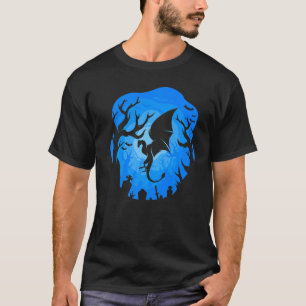 Camiseta Dragão Silhouette Azul Fundo Floresta Noturna Data