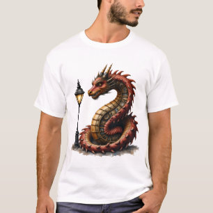 Camiseta Dragão Steampunk próximo a uma lâmpada de rua vint