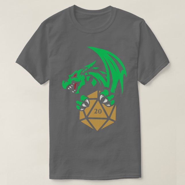 Camiseta Dragão Verde com Jogos RPG Tabletop de Dice D20 (Frente do Design)