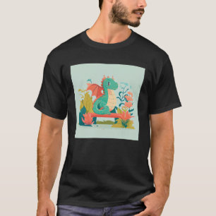 Camiseta Dragão Verde Fofo sentado em um banco em um jardim