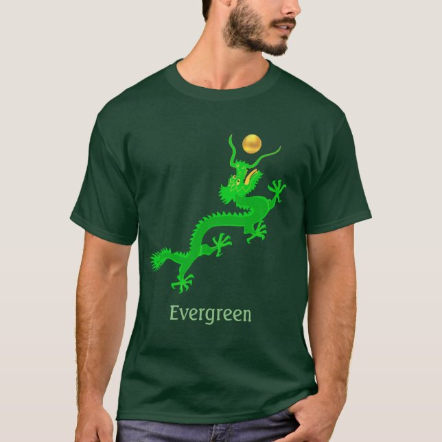 Camiseta Dragão verde voador com bola de ouro e caligrafia (Frente)