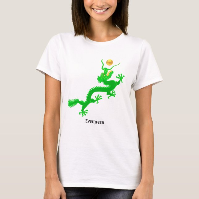 Camiseta Dragão verde voador com bola dourada & caligrafia (Frente)