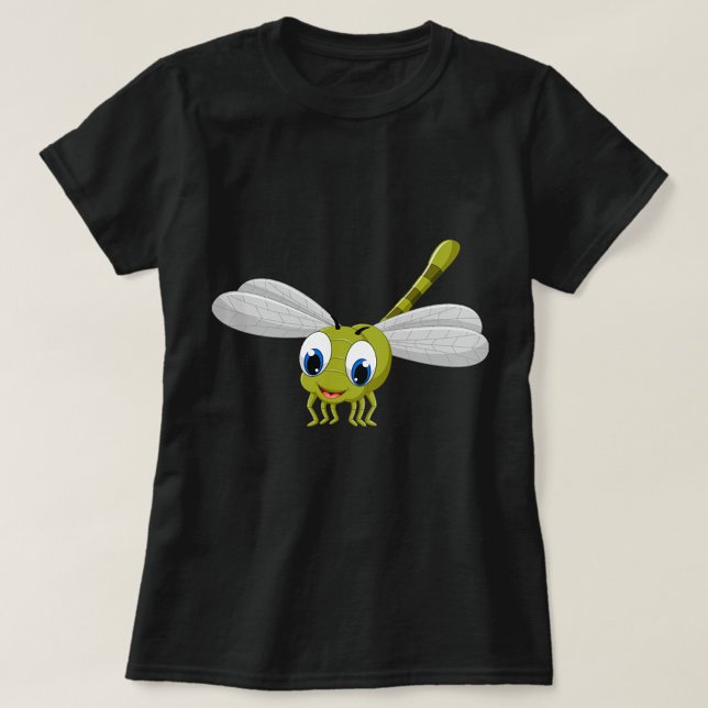 Camiseta DragãoMosca (A cheerful cartoon dragonfly with big eyes and vibrant colors on a black t-shirt.)
