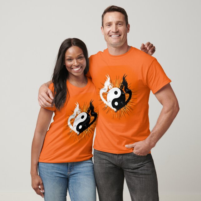 Camiseta Dragões Yin Yang, preto e branco - laranja (Unissex)