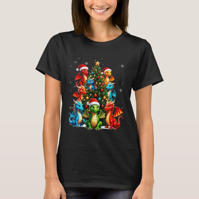 Camiseta Dragon Christmas Tree Squad Santa Hat Fantasy Myth (Frente)