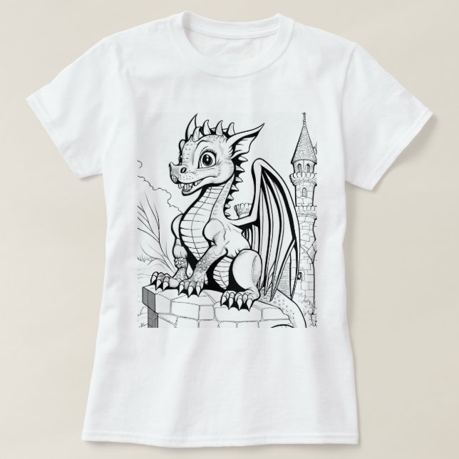 Camiseta Dragon Fantasy Black and White Coloring Book Style (Frente do Design)