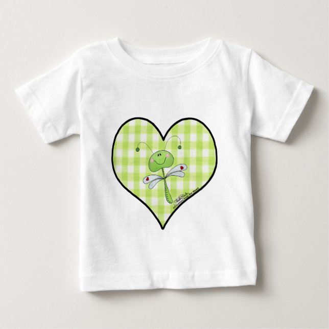 Camiseta Dragon Fly em um coração verde de gingham (Frente)