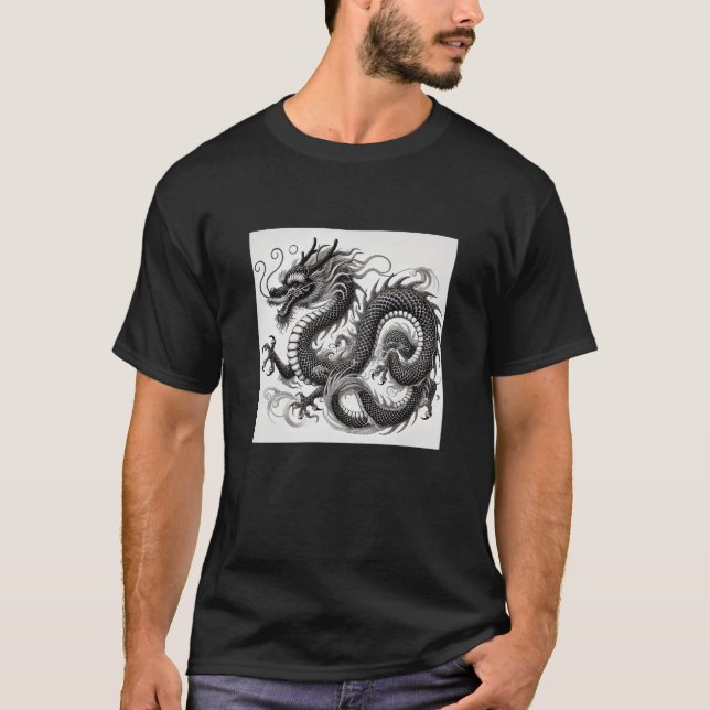 Camiseta Dragón Místico en Blanco y Negro (Frente)