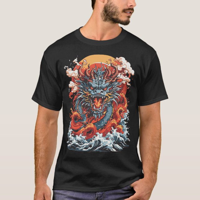 Camiseta Dragon Ocean 2 Japonês Estilo Preto (Frente)