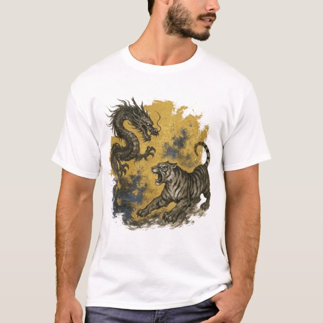 Camiseta 【Dragon vs Tiger Japanese Ink Art T-Shirt】 (Frente)