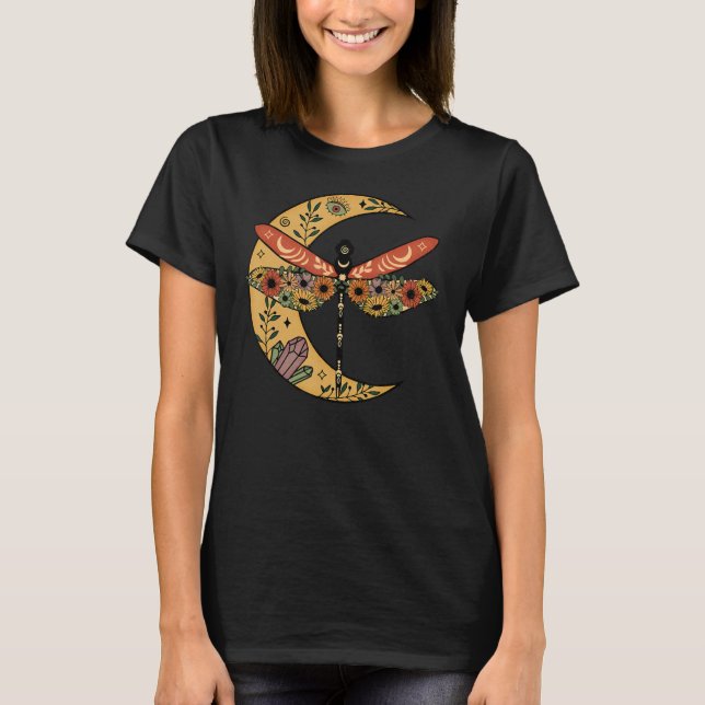 Camiseta Dragonfly Floral Half Decor Da Lua Para Mulheres M (Frente)