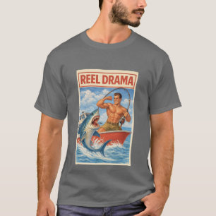 Camiseta Drama de Carretel Pescador de Tubarão   Barco Retr