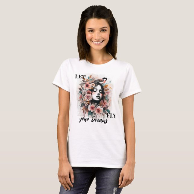 Camiseta Dreamy Woman with Flowers and Motivational Quote (Frente Completa)