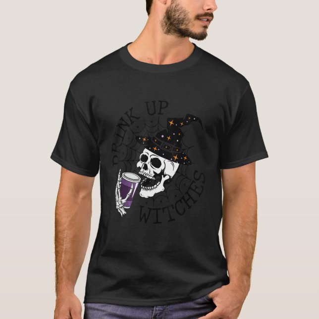 Camiseta Drink Up Witches  Witch Hat Drinking Skull Hallowe (Frente)
