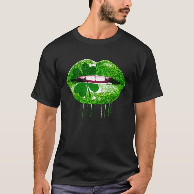 Camiseta Dripping Lips Shamrock Funny St Patrick's Day (Frente)