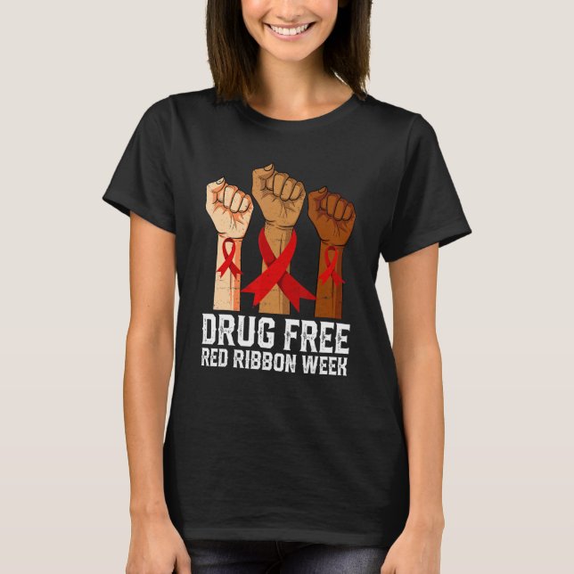 Camiseta Drug Free Red Ribbon Week Awareness Hand We Wear R (Frente)