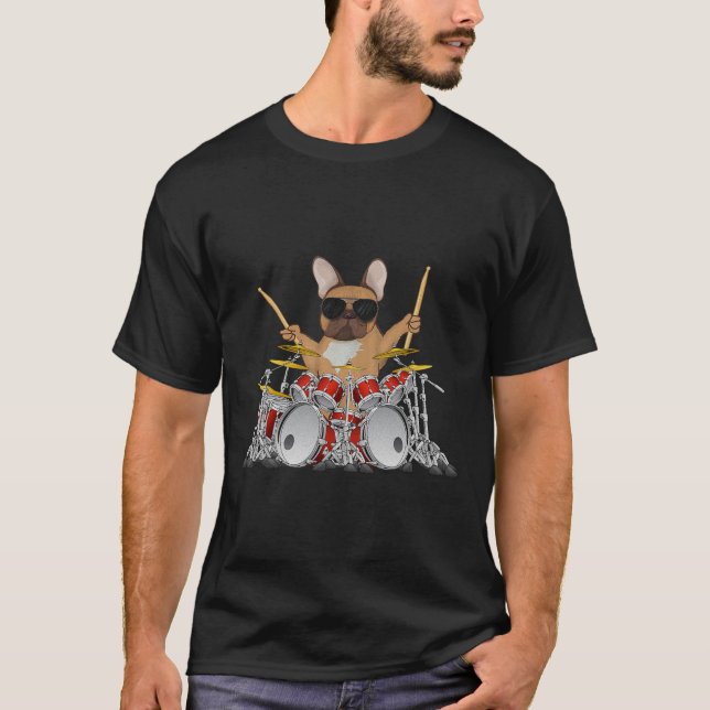 Camiseta Drum Buldogue Francês Batendo Cachorro (Frente)