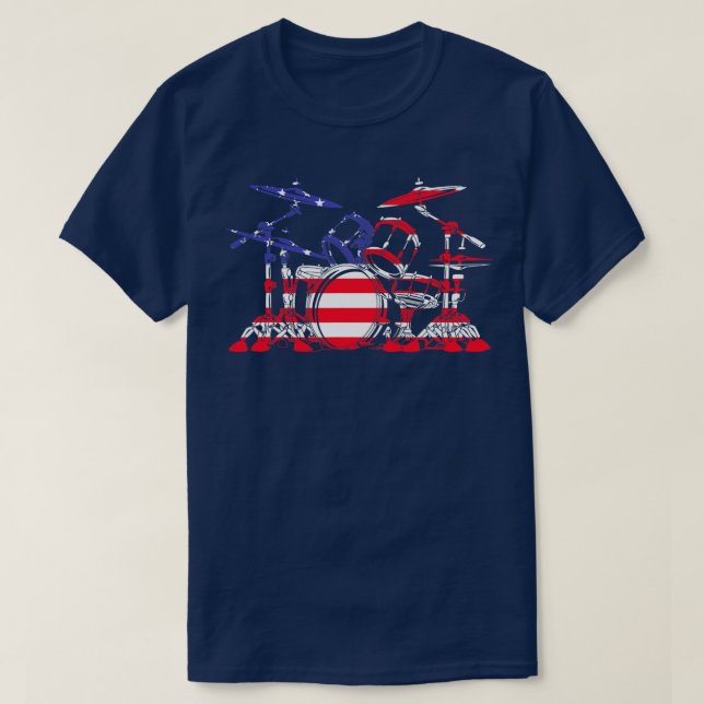 Camiseta Drum Conjunto de Bandeiras Americanas Homens de Ba (Frente do Design)