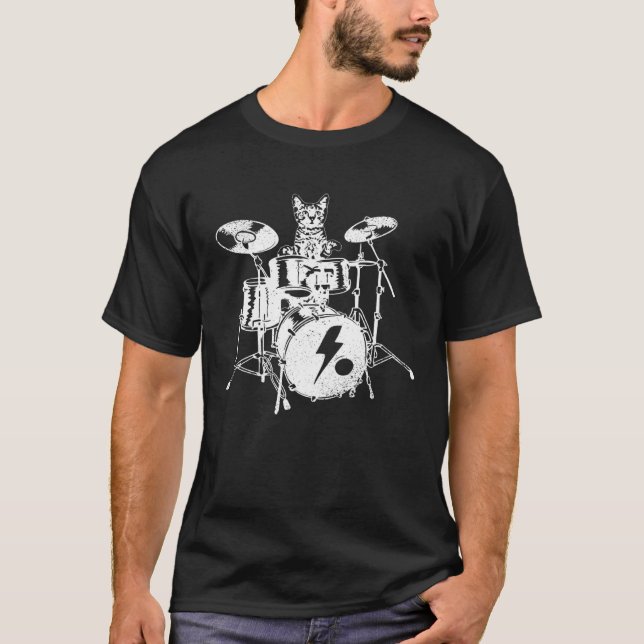 Camiseta Drummer Cat Rock And Roll Drum Meow Kitty Heavy Me (Frente)