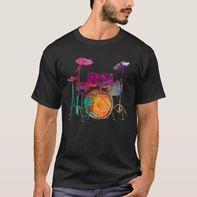 Camiseta Drummer Conjunto do Drum do Estilo de Cor da Água (Frente)
