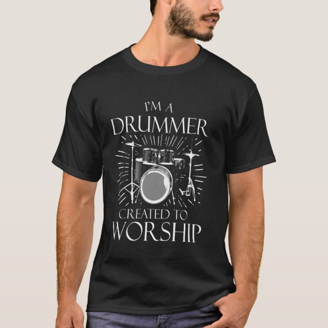 Camiseta Drummer Criado À Fé Cristã Culto (Frente)