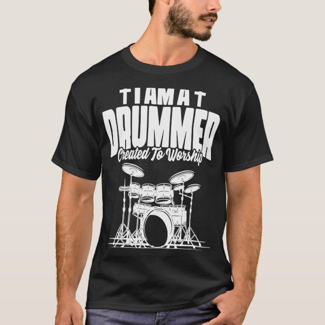 Camiseta Drummer Criado à Fé Cristã Culto (Frente)