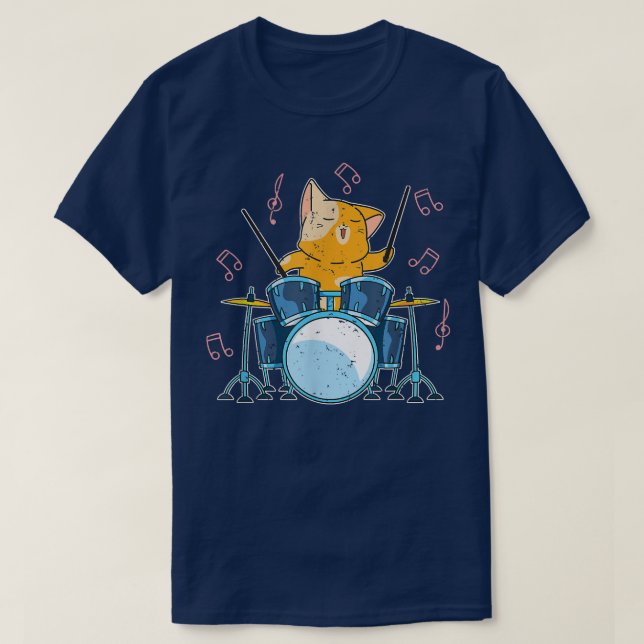 Camiseta Drummer Engraçado Cat Percussion Music Drum Set Dr (Frente do Design)
