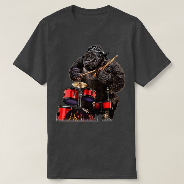 Camiseta Drummer Gorilla Tocando Drum Rock n Roll (Frente do Design)
