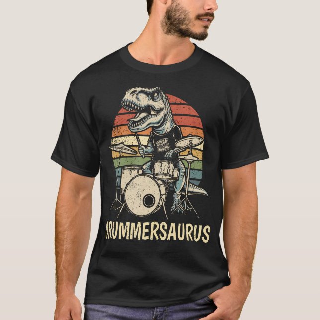 Camiseta Drummersaurus T Rex Baterista Dinossauro Tocando T (Frente)