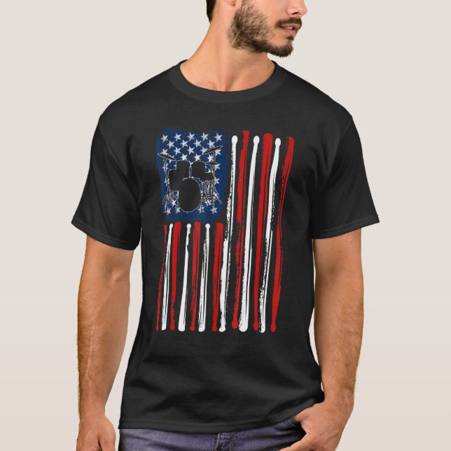 Camiseta Drumming Drummer American USA Flag 4th Of July Men (Frente)