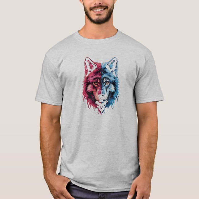 Camiseta Duality Wolf - Red and Blue Spirit Art (Frente)
