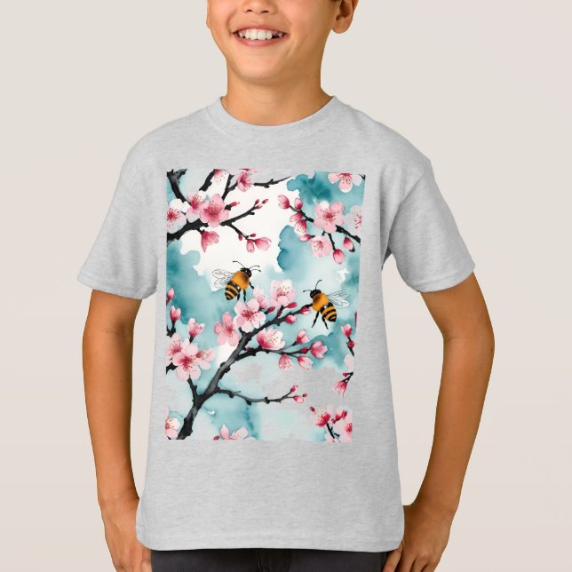 Camiseta Duas Abelhas Ocupadas E Ramificações De Flor De Ce (Frente)