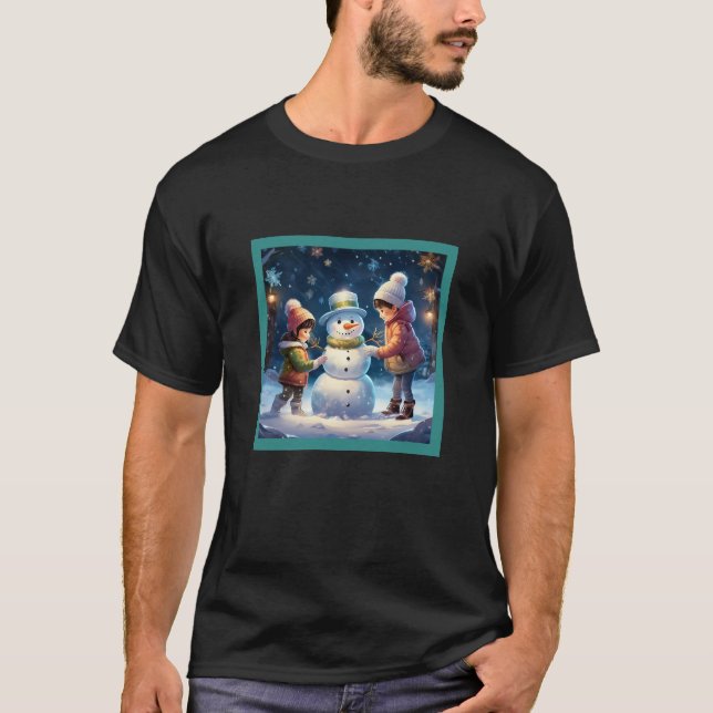 Camiseta Duas Crianças Construindo Um Neve De Natal (Frente)