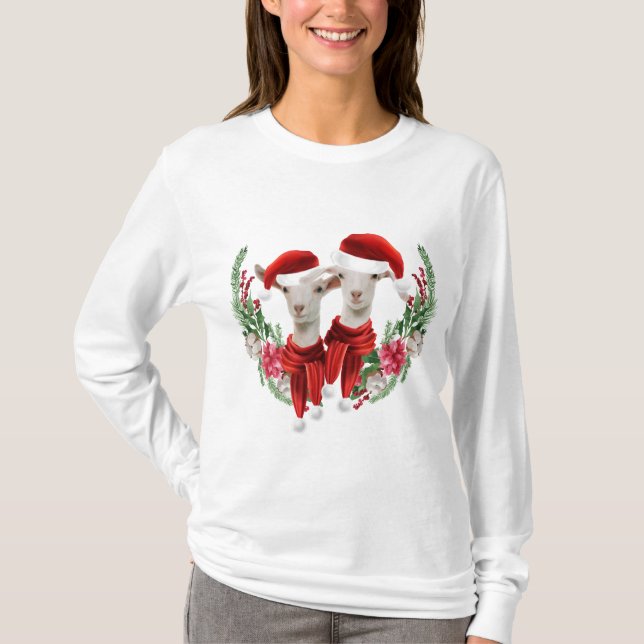 Camiseta Duas Crianças de Caprino Saanen de Natal bonito em (Frente)