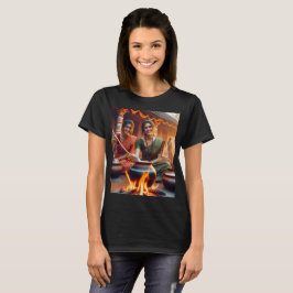 Camiseta duas mulheres sentadas em volta de um incêndio com