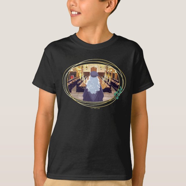 Camiseta Dumbledore falando no Excelente Hogwarts Hall (Frente)