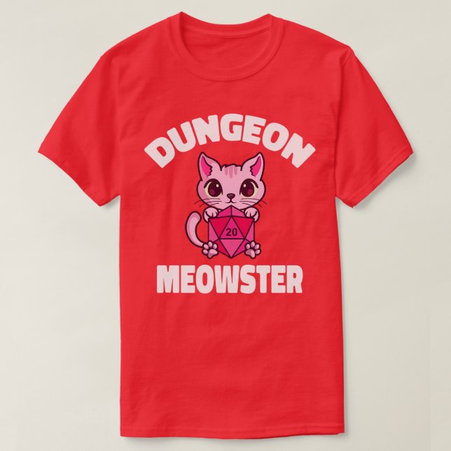 Camiseta Dungeon Meowster Cat Tabletop Polyhedral (Frente do Design)