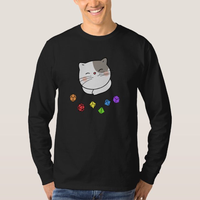 Camiseta Dungeon Meowster E Nerdy Cat Polyhedral Dice Set (Frente)