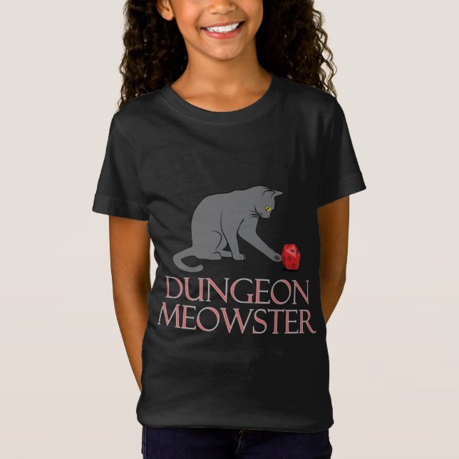 Camiseta Dungeon Meowster Engraçado Gato RPG com Dice (Frente)