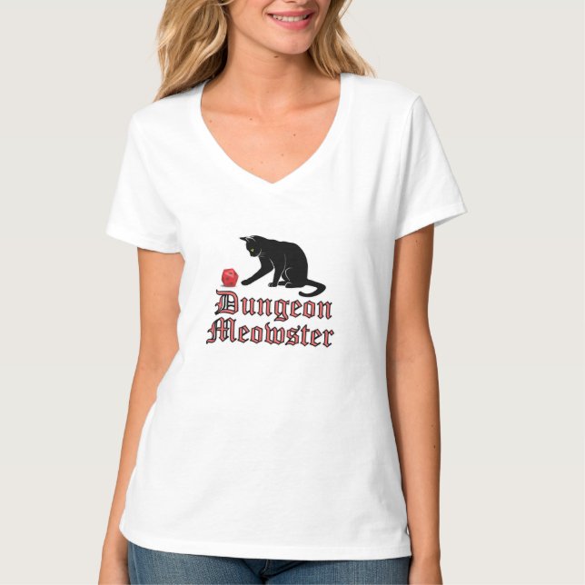 Camiseta Dungeon Meowster Engraçado Gato RPG com Dice (Frente)
