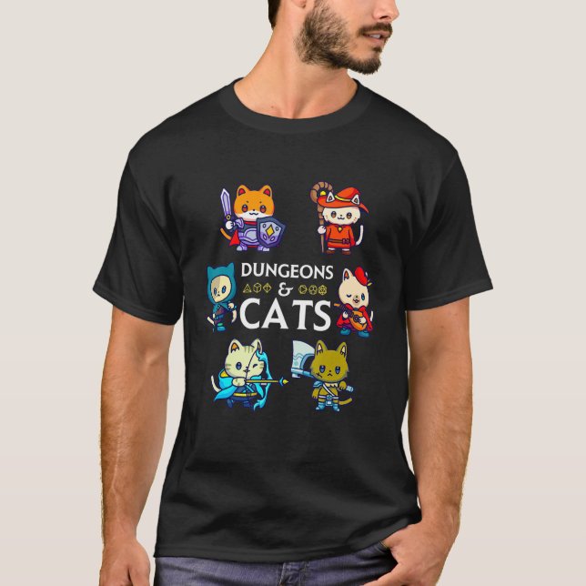 Camiseta Dungeons E Cats Rpg D20 Dice Nerdy Fantasy Gamer (Frente)