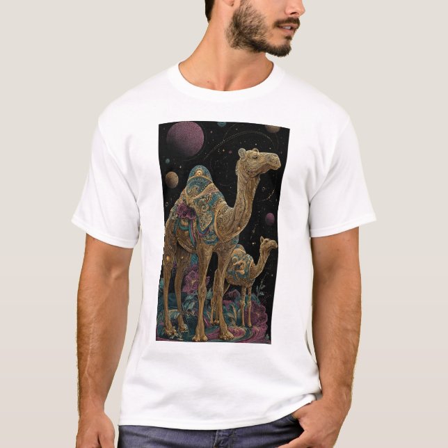 Camiseta Duo de camelos dourados cósmicos (Frente)