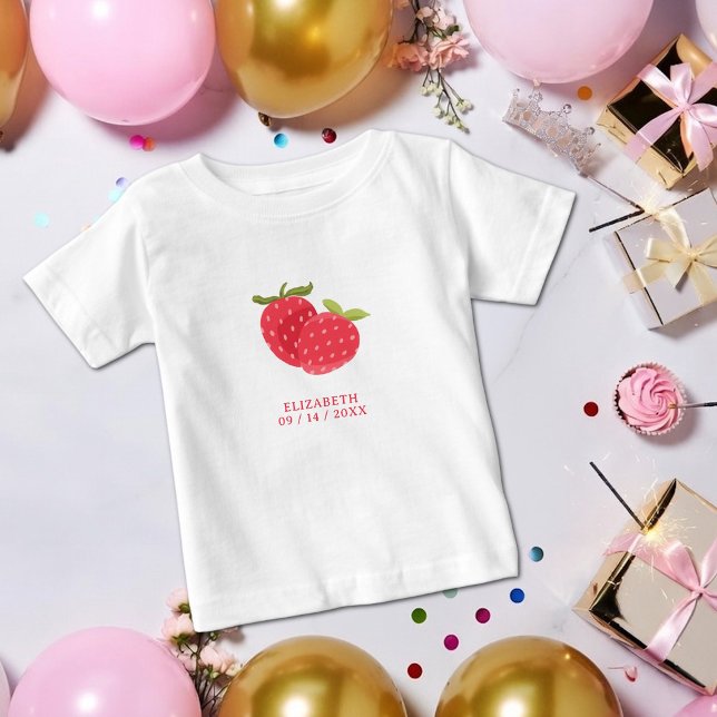 Camiseta Duo de Morango Adorável | Aniversário Personalizad (Adorable Strawberry Girl First Birthday T-shirt | Cute Girl Birthday Kids Tshirts | Berry Birthday)