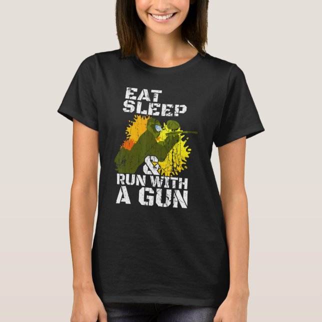 Camiseta Durma E Corra Com Um Pintball De Arma (Frente)