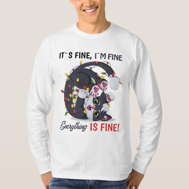 Camiseta É Bom, Estou Bem Gato Meme em Luzes de Natal (Frente)