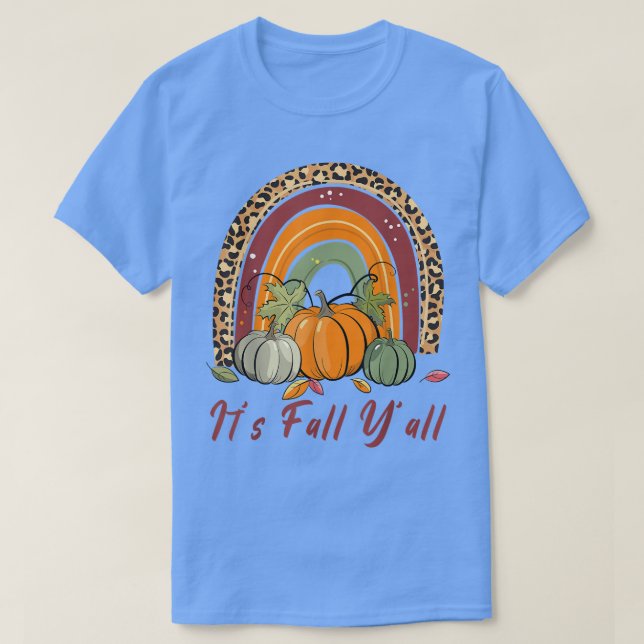 Camiseta É Fall Yall Leopard Rainbow Pumpkin Outono Inferno (Frente do Design)