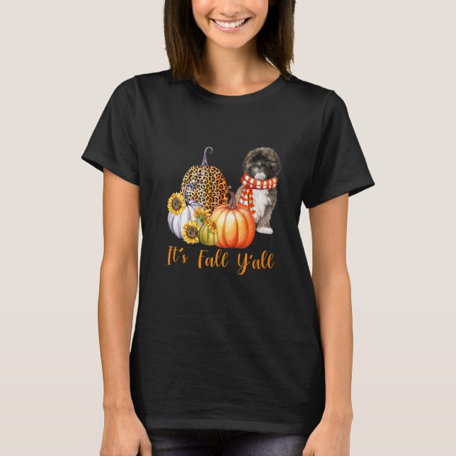 Camiseta É Fall Y'all Lhasa Apso Cachorro Leopard Pumpkin F (Frente)