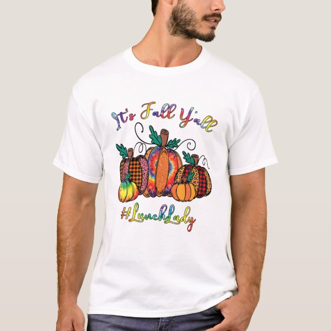 Camiseta É Fall Y'all Pumpkins Almoçando Lady Tie Dye Leopa (Frente)